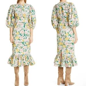 byTiMo Dandelion Floral Print Ruffle Cotton Puff Sleeve Midi Dress.